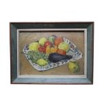 Peter Collins, oil on board - still life of fruit and vegetables in a dish, 37cm x 50cm,