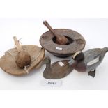 Collection of antique and other treen - comprising decoy ducks, pestle and mortar,