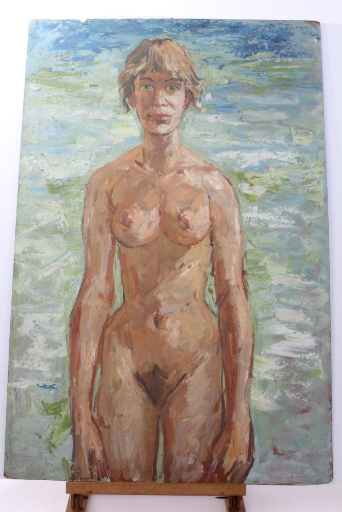 Peter Collins, oil on board - three-quarter length female nude study, 42cm x 36cm, - Image 8 of 8