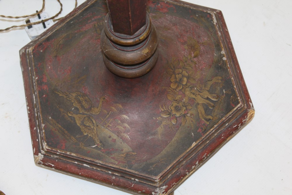 1920s red lacquered and chinoiserie decorated standard lamp of hexagonally faceted form, - Image 2 of 3