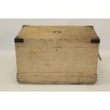 Early 20th century pine and brass bound trunk with end rope handles,