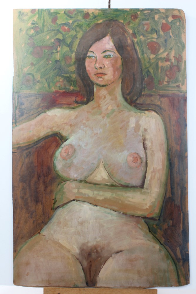 Peter Collins, oil on board - three-quarter length female nude study, 42cm x 36cm, - Image 7 of 8