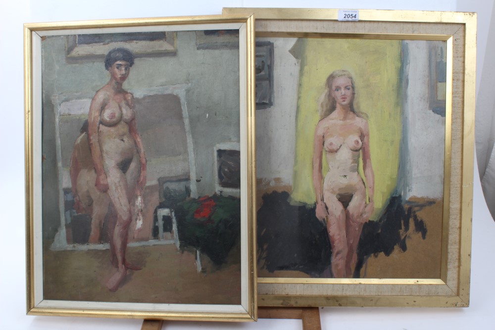 Peter Collins, oil on board - three-quarter length female nude study, 42cm x 36cm,