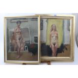 Peter Collins, oil on board - three-quarter length female nude study, 42cm x 36cm,