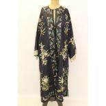 Early 20th century Chinese silk embroidered sleeved gown with butterfly and foliate panels on dark