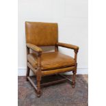 Antique walnut and leather upholstered desk chair with close button upholstered pad back and arms,