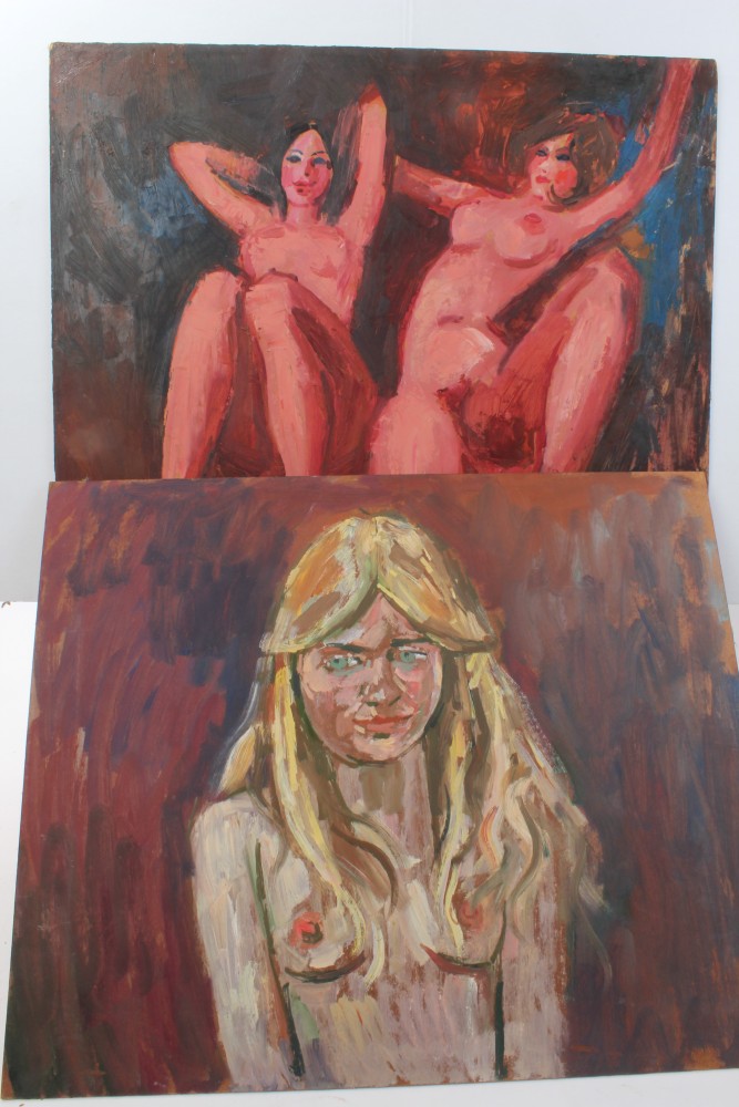 Peter Collins, oil on board - a female nude beside an easel, 57cm x 44cm, unframed, - Image 5 of 7
