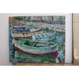 Peter Collins, oil on board - rowing boats and figures, signed, 51cm x 61cm, unframed,