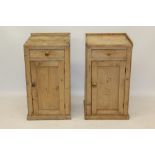 Pair late Victorian pine bedside cupboards with single drawer and cupboards below,