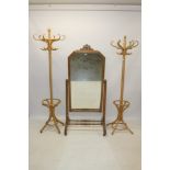 19th century oak cheval mirror - the arched plate within inlaid frame, on sledge base and castors,