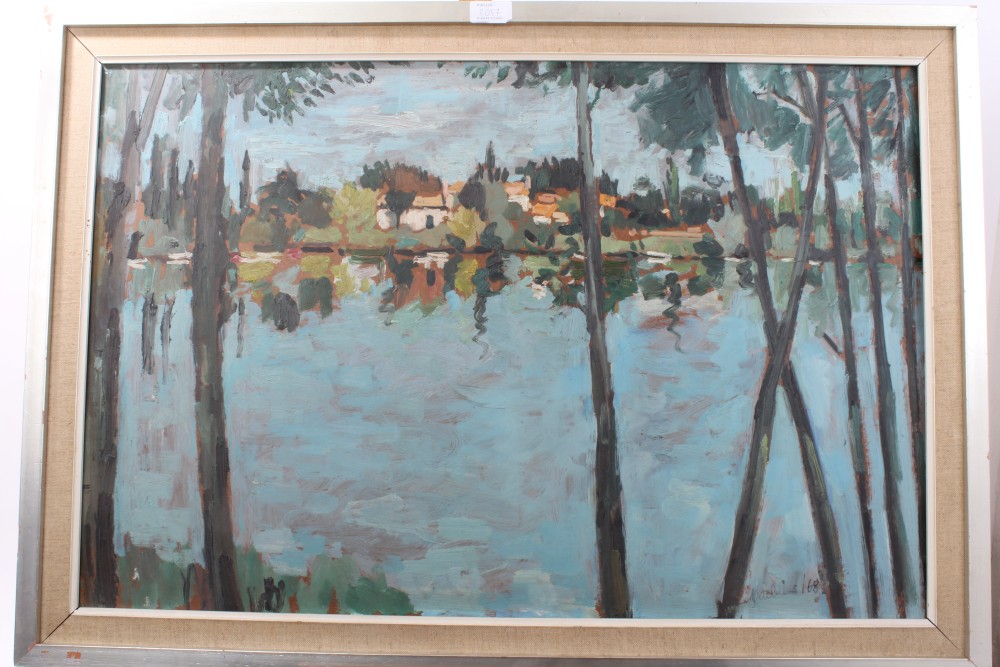 Peter Collins, oil on board - riverbank with boats, 62cm x 75cm, together with another river scene, - Image 5 of 8