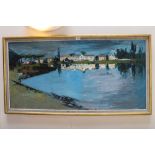 Peter Collins, oil on board - 'Libourne', signed, inscribed verso, 59cm x 121cm,