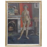 Peter Collins, oil on board - female nude before a fireplace, 51cm x 38cm,