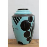 French Art Deco vase with geometric ornament on turquoise ground, signed - Geno,