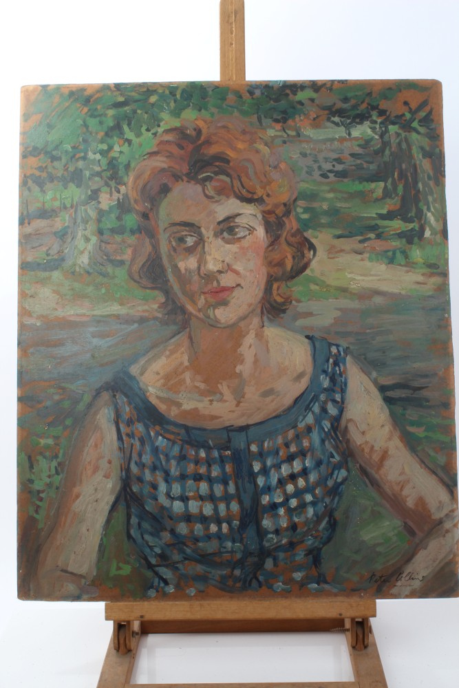 Peter Collins, oil on board - portrait of a young lady, signed, 61cm x 51cm, unframed,