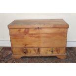 19th century mule chest with hinged lid and two short drawers below, on bracket feet,
