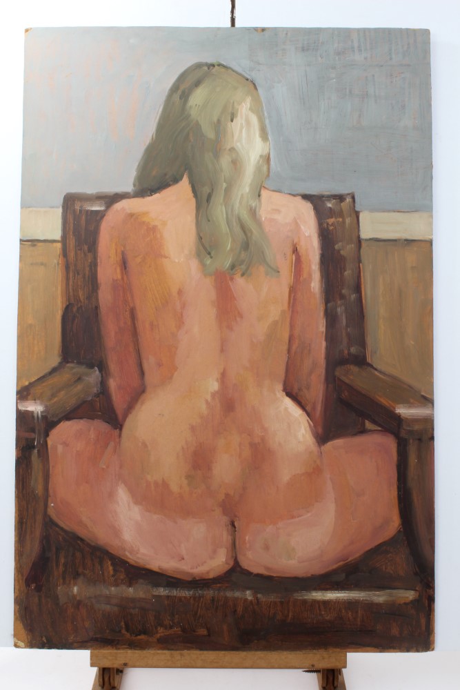 Peter Collins, oil on board - three-quarter length female nude study, 42cm x 36cm, - Image 6 of 8