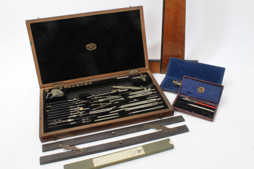 Extensive early 20th century cased set of draughtsmen's tools, in original case by E. O.