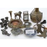 Group of Victorian and later metalware, brass cased carriage clock,
