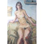 Peter Collins, oil on canvas - seated female nude, 121cm x 60cm, unframed,