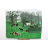 Stan Anscombe, oil on board - Feeding The Ponies, signed, 82cm x 102cm,