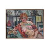 Peter Collins, oil on canvas - reclining female nude, 71cm x 91cm, framed,
