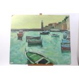 Peter Collins, oil on board - harbour scene, signed, unframed, 64cm x 76cm,