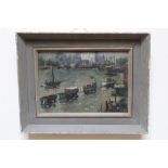 Peter Collins, oil on board - boats on the Thames, signed, 28cm x 39cm,