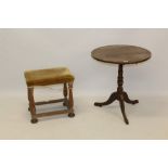 George III oak occasional table, circular top on ring-turned column and tripod cabriole legs,