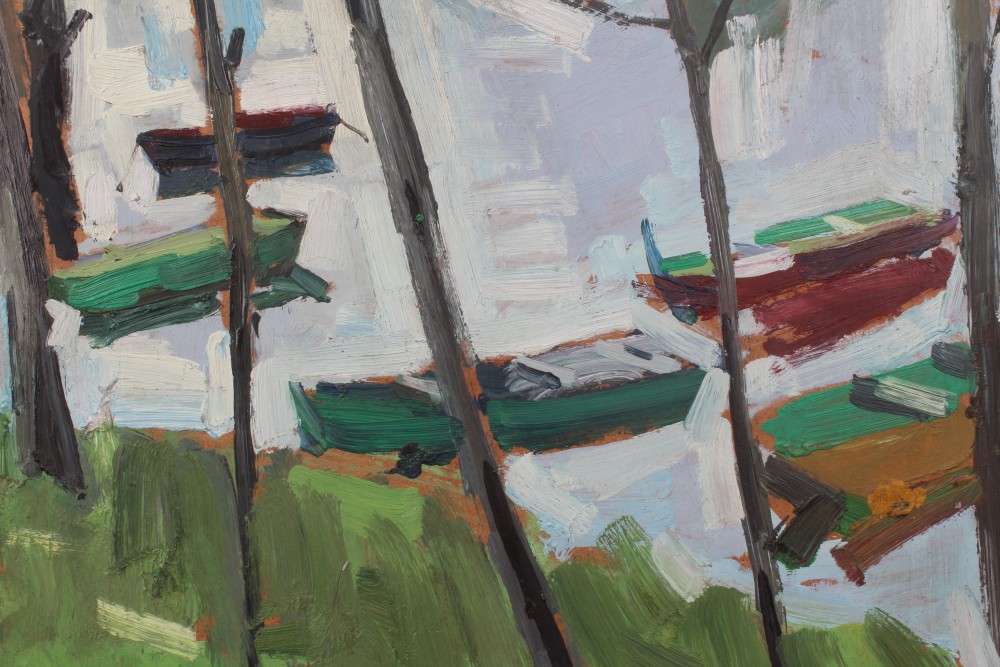Peter Collins, oil on board - riverbank with boats, 62cm x 75cm, together with another river scene, - Image 2 of 8