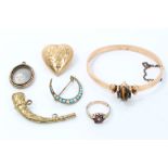 Small group of Victorian and later gold and yellow metal jewellery - including tiger's eye bangle,