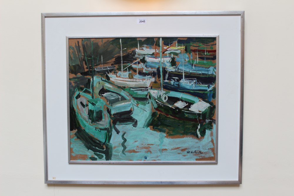 Peter Collins, oil on board - boats in harbour, signed and dated '91, 49cm x 59cm,