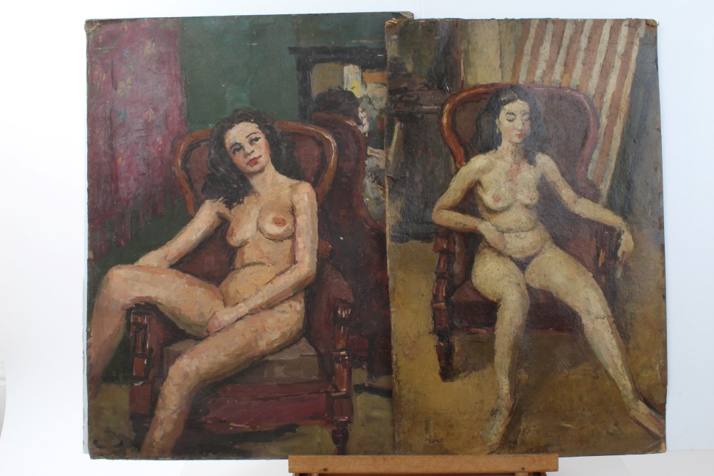 Peter Collins, oil on board - a female nude beside an easel, 57cm x 44cm, unframed, - Image 2 of 7