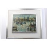 Peter Collins, oil on board - boats and cranes, signed, 30cm x 40cm,