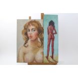 Peter Collins, oil on board - standing female nude in an interior, 50cm x 38cm, framed,