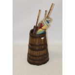 Antique coopered barrel, together with group of sticks,