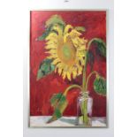 Peter Collins, oil on board - still life of a sunflower in a vase, 75cm x 50cm,