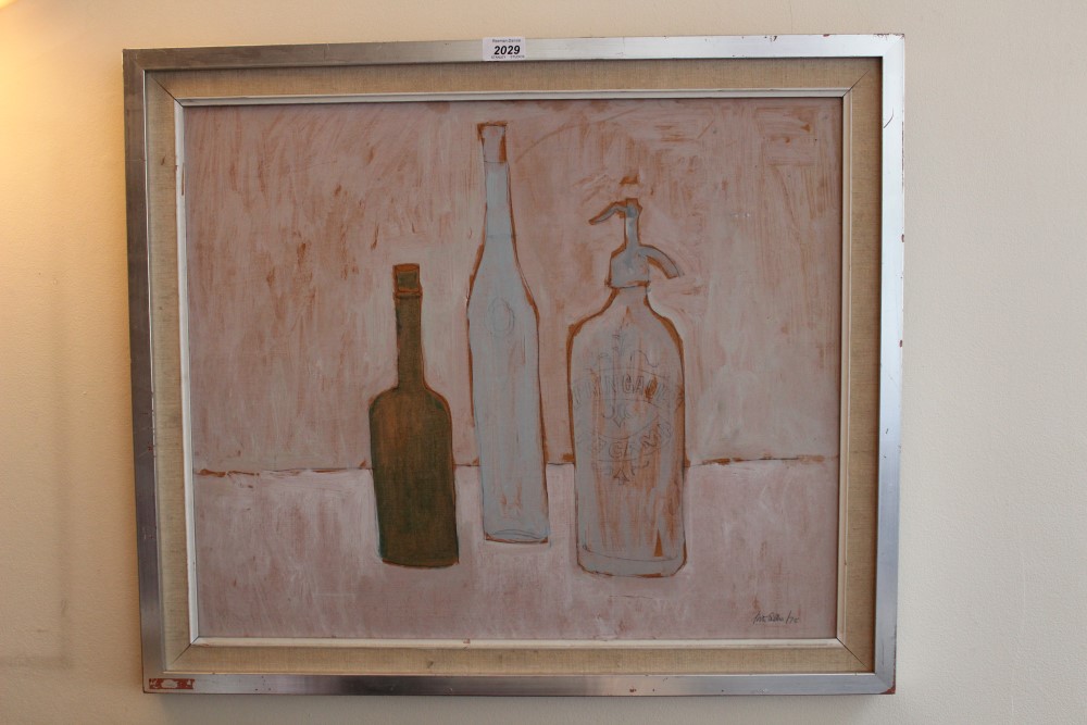 Peter Collins, oil on board - still life of glass bottles, signed and dated '75, 49cm x 61cm,