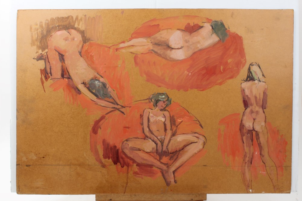 Peter Collins, oil on board - three-quarter length female nude study, 42cm x 36cm, - Image 3 of 8