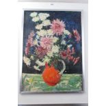 Peter Collins, oil on board - still life of flowers in a red jug, 53cm x 41cm, framed,