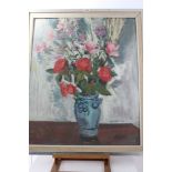 Peter Collins, oil on board - still life of roses in a vase, signed and dated '70, 74cm x 63cm,