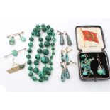 Malachite bead necklace, silver gilt boat brooch set with a malachite cabochon stone,