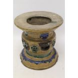 Antique Chinese stoneware urn stand of cylindrical knopped reticulated form,