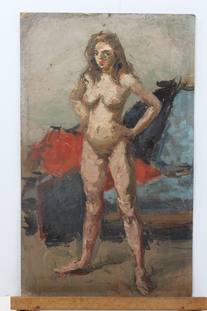 Peter Collins, oil on board - three-quarter length female nude study, 42cm x 36cm, - Image 5 of 8