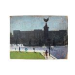 Peter Collins, oil on board - figures before Buckingham Palace, 38cm x 49cm, unframed,
