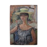 Peter Collins, oil on board - portrait of a lady in straw hat, signed, 77cm x 51cm,