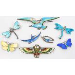 Group of silver and enamel butterfly and dragonfly brooches,