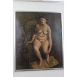 Peter Collins, oil on board - seated female nude, 46cm x 37cm,