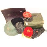 Victorian leather travelling case, 19th century military hats,