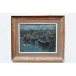 Peter Collins, oil on panel - 'Boats at Chelsea', signed, inscribed as titled verso, 34cm x 46cm,